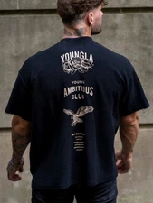 YoungLa Men's Short-Sleeve Fitness Printed Wide Collar Distressed T-Shirt