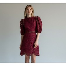 Zimmermann Jaya Wave Burgundy Eyelet Lace Cutout Mini Dress Puff Sleeve Size S