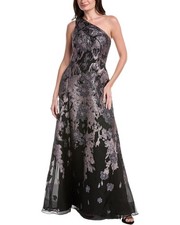 Teri Jon By Rickie Freeman Floral Met Jacquard Pleated One Shoulder Gown Women's