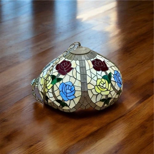 VTG Large Tiffany Style Stained Glass Swag Lamp Shade With Roses 17" x 10"