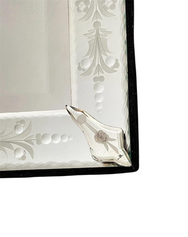 Antique Venetian Floral Etched & Beveled Glass Mirror, Foliate Cresting 30”x15” - Image 3 of 4