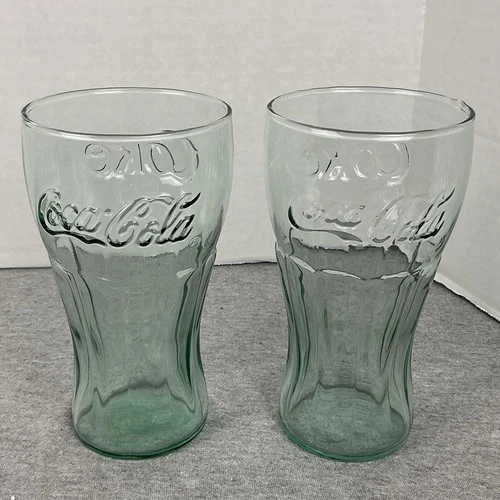 Set of 2 Vintage Coca Cola Green Glass Tumblers 16oz Coke Glasses