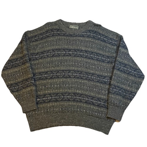 Vintage 90s Wool Knit Sweater Men’s Large Gray/Black Fair Isle Pullover Hipster