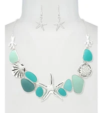 Multi Sea Glass Mix and Starfish Pendant Necklace and Earrings Set