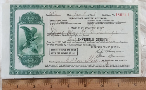 European Relief Council Certificate - American Donation Certificate Dated 1921