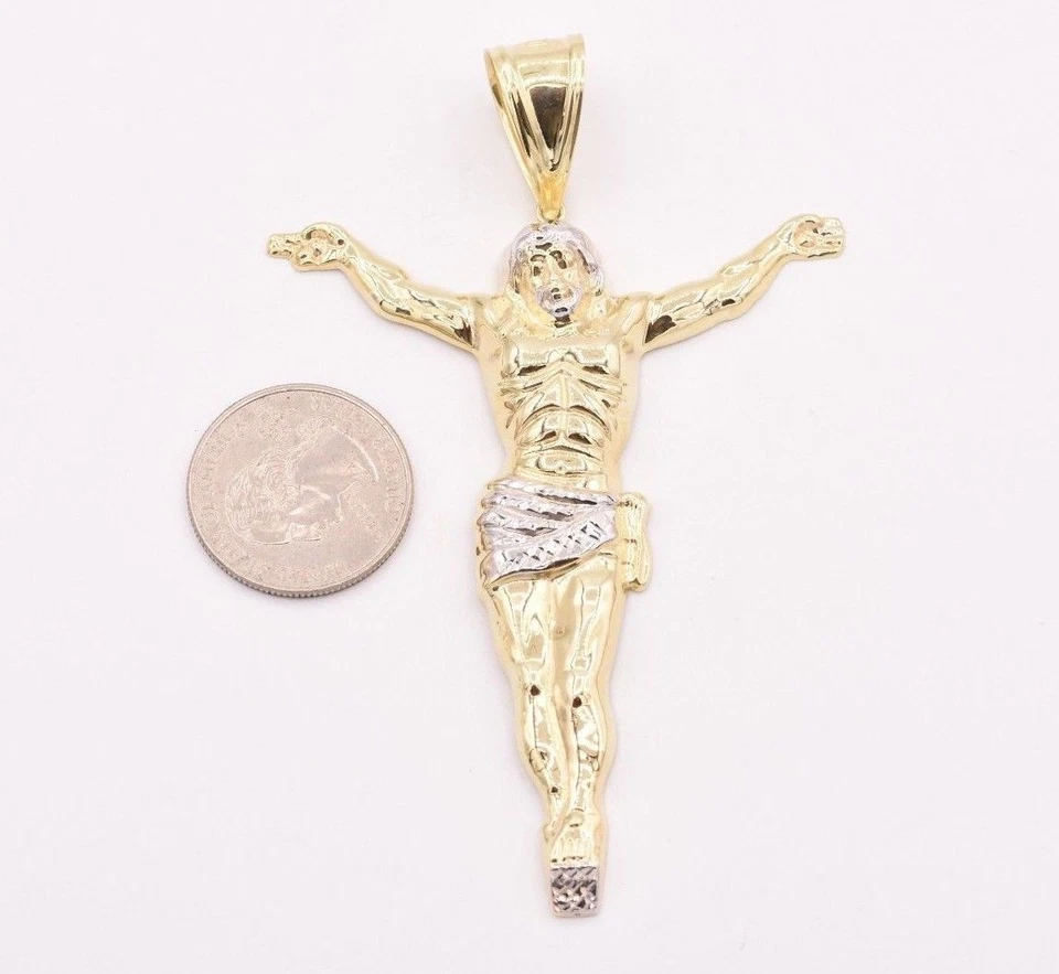 Pingente masculino de ouro branco amarelo 10K 3 3/4" corte diamante crucifixo corpo de Jesus - Imagem 3 de 4