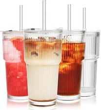 20 oz Ribbed Glass Tumblers W/ Lids & Straws Ripple Iced Coffee Cups Thickened