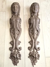 Antique French PAIR of Carved Wood Caryatid Figures, 13" Tall, Architectural
