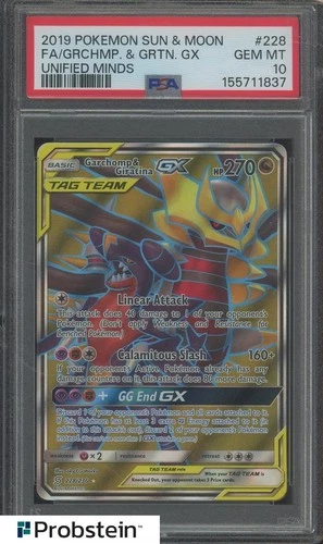 2019 Pokemon Sun & Moon Unified Minds #228 FA Garchomp & Giratina GX PSA 10