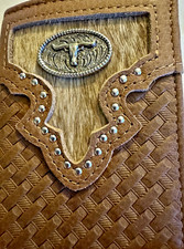 NEW Men's Brown Tri Fold Leather Wallet Longhorn Concho