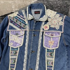 Vintage Sunbelt Jacket Womens Large Denim Lace Patchwork Embroidered Unique 90s