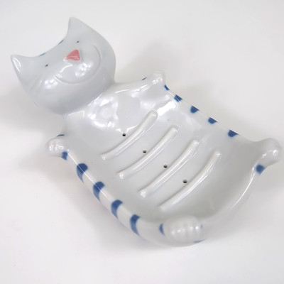 VTG Neiman Marcus RARE Cat Soap Dish Blue White Anthropomorphic Smiling Happy