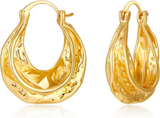 Chunky Hoop Earrings for Women 14K Gold Plated Hammered Texture Thick Wide Hoops