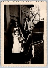 Vtg B&W Snapshot Three Smiling Women Coats Deck Railing Building Outerwear 1940s