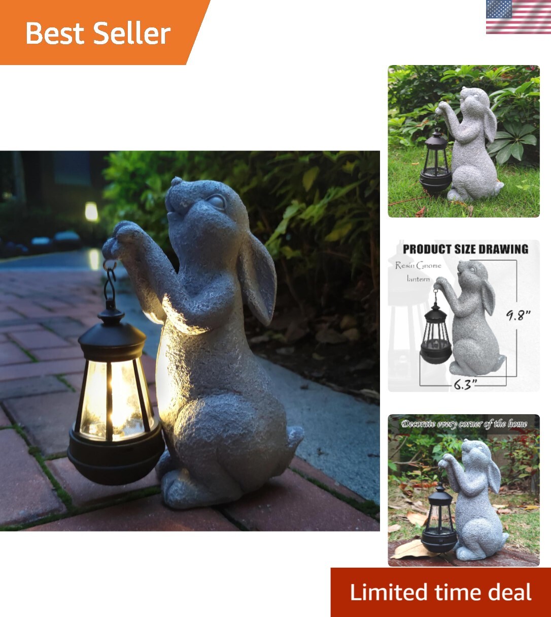 Decorative Solar-Powered Rabbit Statue with Lantern for Outdoor Garden Charm