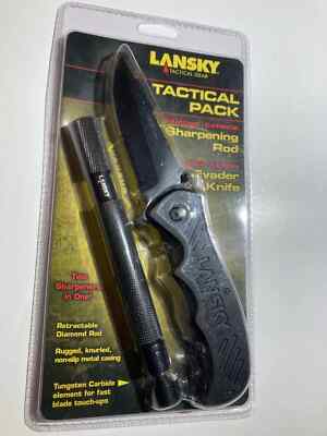 Lansky Diamond Sharpening Rod & Evader Folding Pocket Knife 3.25'' Serrated Blade