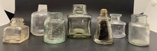 Antique Ink Bottle Lot Of 7 Small Ink Jars Smoky Embossed Green Glass 8 Sided