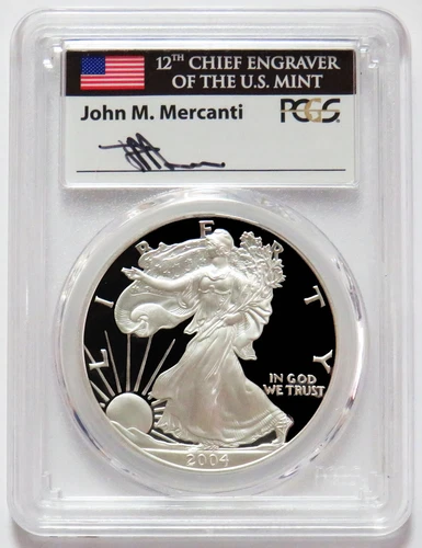 2004 W AMERICAN SILVER EAGLE MERCANTI SIGNED $1 PROOF 1 oz COIN PCGS PF 70 DCAM