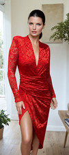 JOHN ZACK  PLUNGE  V FRONT RED  LACE WRAP OVER   MIDI  DRESS