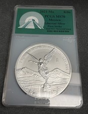 2021 1 Kilo MEXICO PCGS MS70 Silver Libertad First Strike ‘Green Label’ Mo .999