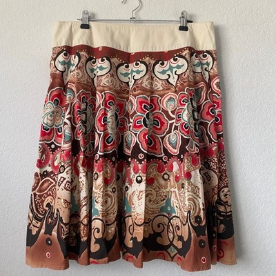 Mixit A-Line Skirt 8 Brown Womens Boho Paisley Metallic Cotton Knee Length USA
