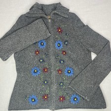 Vintage Gray Embroidered Floral Zip Up Sweate...