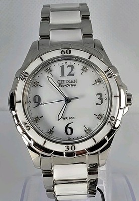 CITIZEN ECO-DRIVE WOMEN'S STAINLESS STEEL CERAMIC  WR 100  WHITE DIAL  37mm