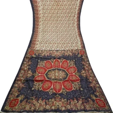 Namaste Vintage Cream Sarees 100% Pure Silk Floral Printed Sari 6YD Craft Fabric