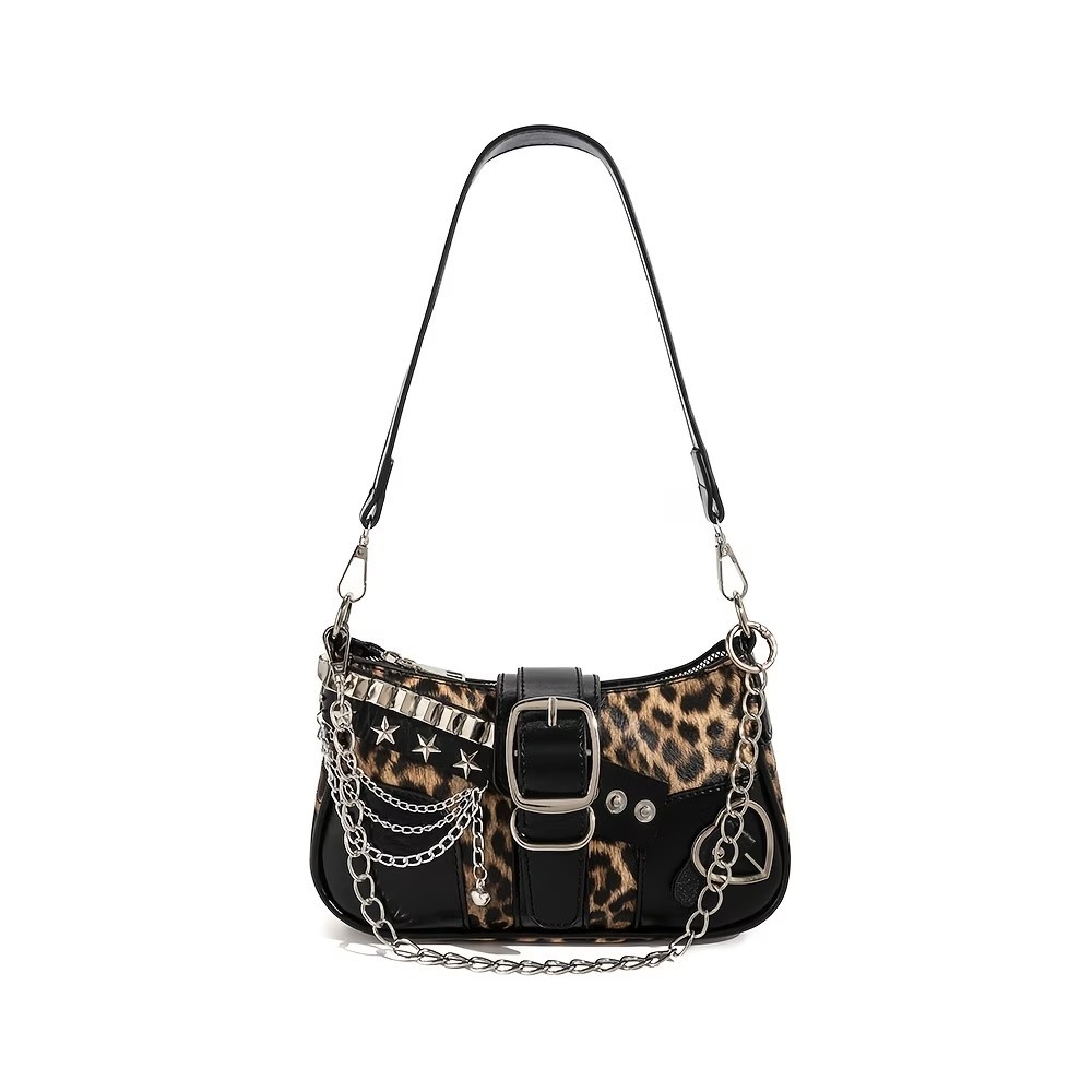 Bolso de Hombro Y2K Negro Leopardo Mujer Punk Cadena Axila Cartera Pequeño Cuadrado