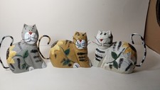 Set Of 3 Handcarved Handpainted Wooden Cat Figurines W/painted Sunflowers
