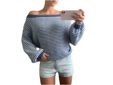 Shein Blue White Striped Knit Oversized Pullo...