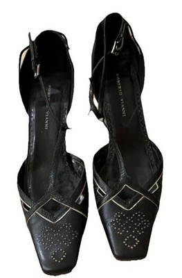 Roberto Vianni Black Leather Pumps Studded Ankle Strap Cone Heel US 9.5 M
