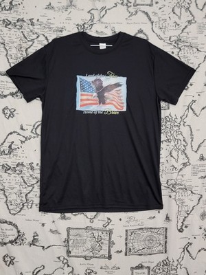 Used Men's Large Black Patriotic Eagle Flag T-Shirt Land of the Free Home Brave