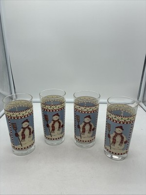 Debbie Mumm Anchor Hocking SET (4) Snowmen Tumbler Glass 6 1/4  14oz Snowman USA