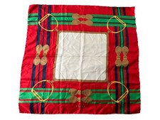 Gucci Silk Satin Equestrian Print Square Scarf Red Green Navy Beige White
