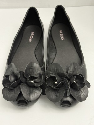 Zaxy |Women s Pop Pretty Black  Peep Toe Flower Flats Shoes |NWOB| US Size 8M