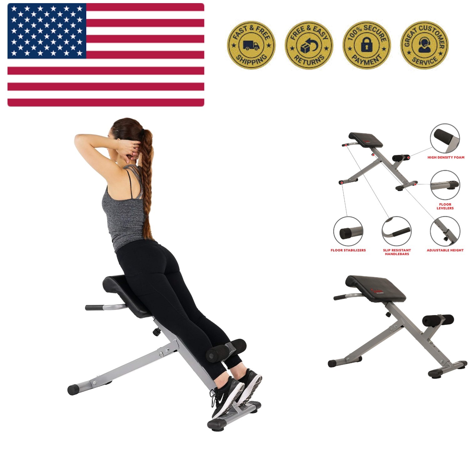 Foldable Hyperextension Roman Chair w/Back Extension, Home Gym Sit Up Bench f...