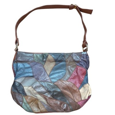 Vintage Patchwork Leather Shoulder Bag Multi Color Boho Hobo Purse ZigZag Stitch