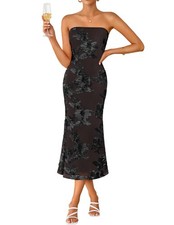 Women's Summer Strapless Floral Midi Dress 2026 Bodycon Mesh Tube Wedding Gue...