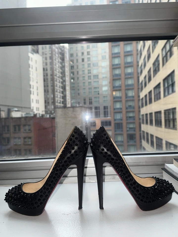 Christian Louboutin Lady Peep Spikes 150 Black Leather Pumps Size 39 - Image 2 of 4