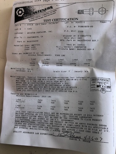 Anixter Pentacon NAS6304U40 Aircraft Bolts With Certifications lot of 300 - Picture 8 of 12