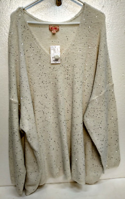 EVRI Festive Sweater, Silver Thread & Sequins on Creme Knit SZ 3X