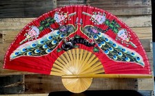 Oriental Asian Folding Wall Fan Decor Hand Painted Peacocks 40x24 vintage
