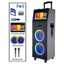 Dual 10" Woofer Speaker Rechargeable Karaoke Machine w/2 Wireless Mic Led Screen