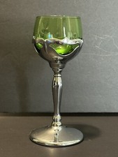 Vintage Cambridge Farberware - Green Glass Silver Tone Metal Stemmed Cordials