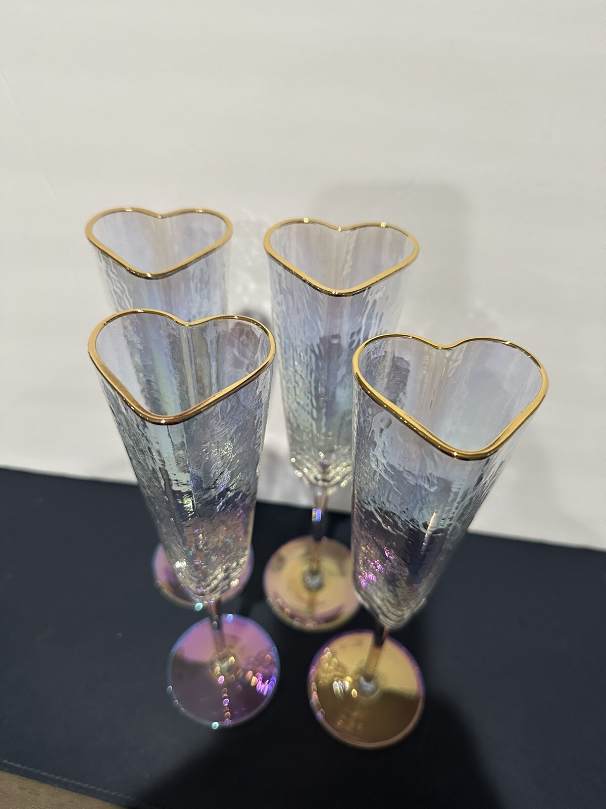 4 Heart shaped champagne flutes iridescent eBay