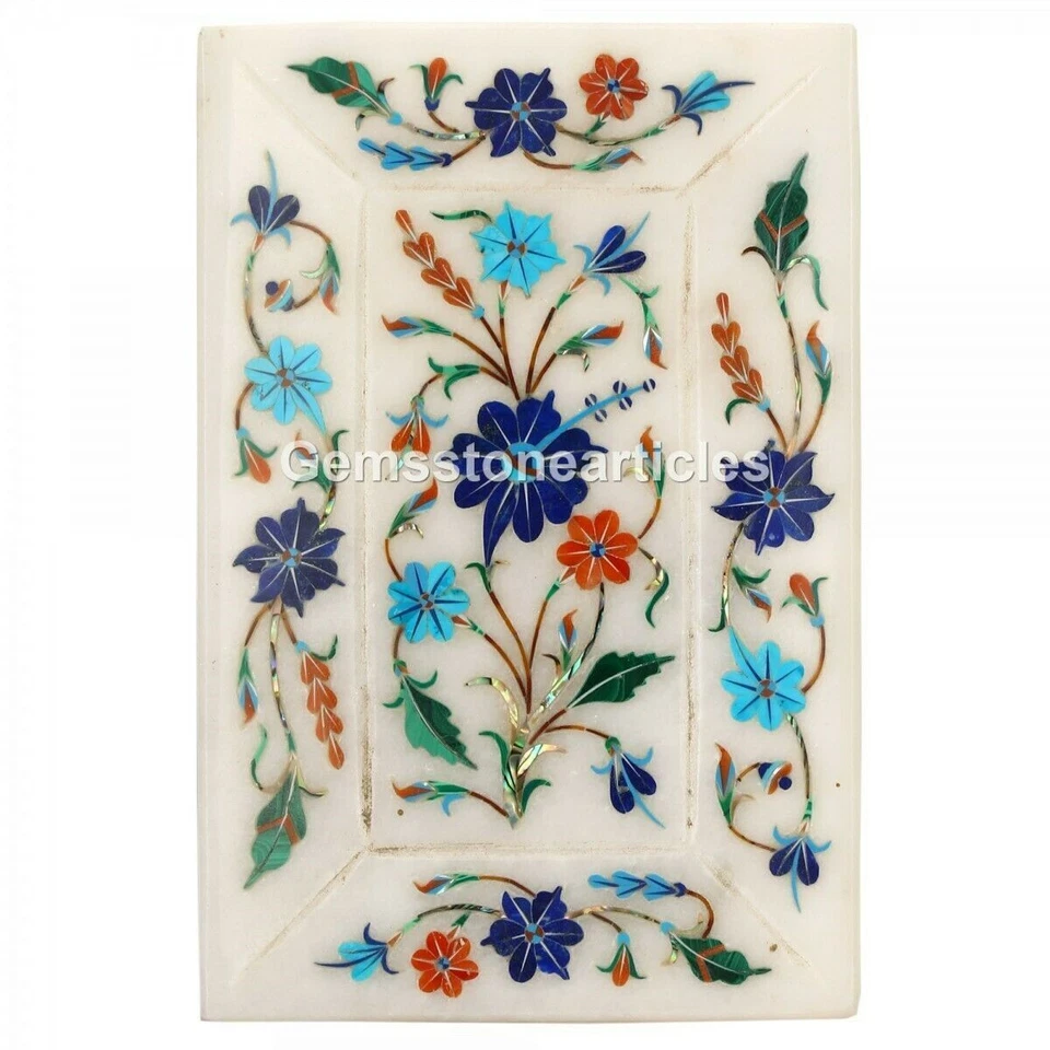 6"x4" White Marble Serving Tray Multi Stone Floral Marquetry Inlay Christmas Eve - Image 2 of 2