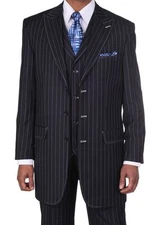 Men's 3 pcs Wool Feel Classic Gangster Pinstripe Suits with Vest 5903 Navy