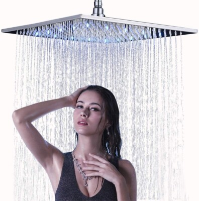 Chrome 16'' LED Square Rainfall Adjustable Shower Head Overhead Top Sprayer
