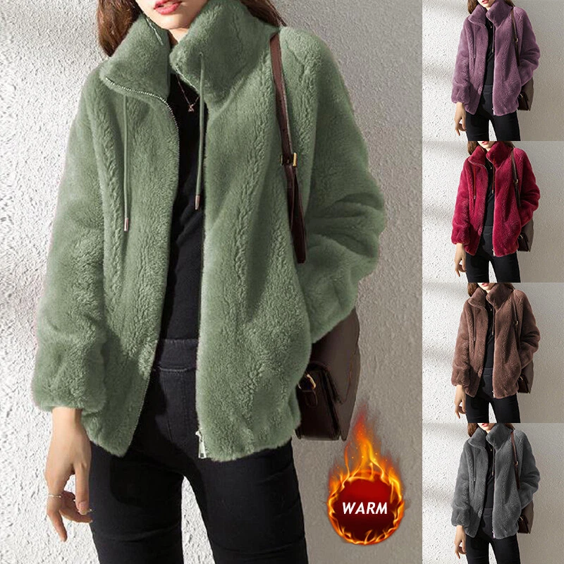 Womens Fleece Fluffy Stand-up Collar Coat Ladies Solid Zip Up Pocket Jacket To - Image 3 of 4